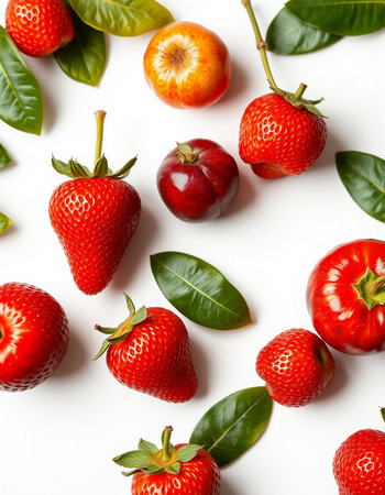Strawberries and cherries on white background. Flat lay, top view