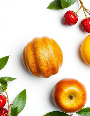 peachcot, strawberry and apricot on white backgroundの写真素材