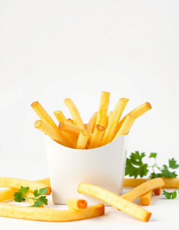 French fries with parsley on white background. Selective focus.の写真素材