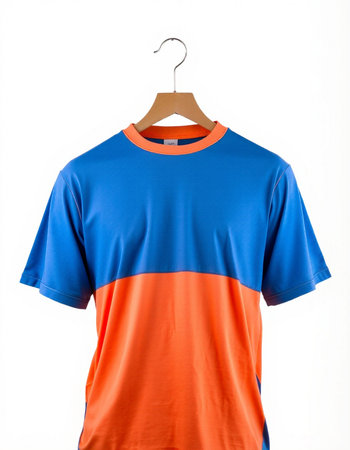 Blue and orange t-shirt on wooden hanger isolated on white backgroundの写真素材