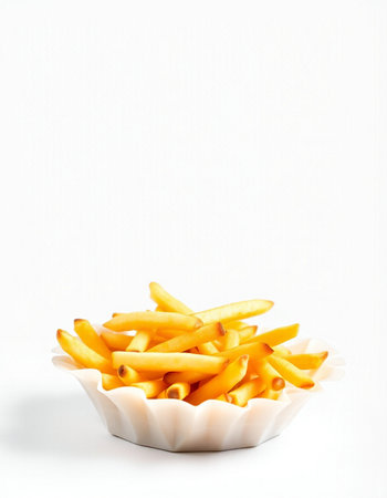 Golden French fries in a white bowl on a white background, isolatedの写真素材