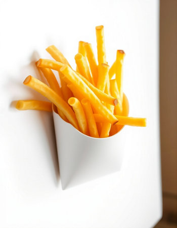 French fries in a white bowl on a white background. Selective focus.