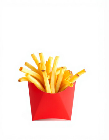 French fries in red box isolated on white background. Fast food.