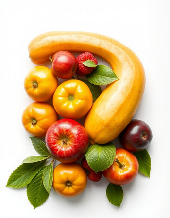 Fruits and vegetables isolated on white background. Healthy food concept.の写真素材