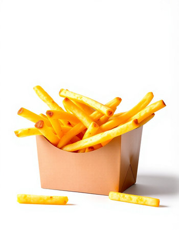 French fries in a box on a white background. Fast food.