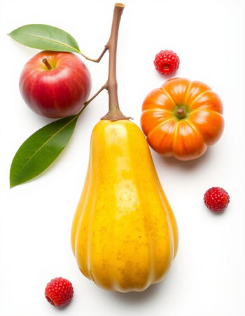 Raspberry, pear, apple and pear on a white background.の写真素材