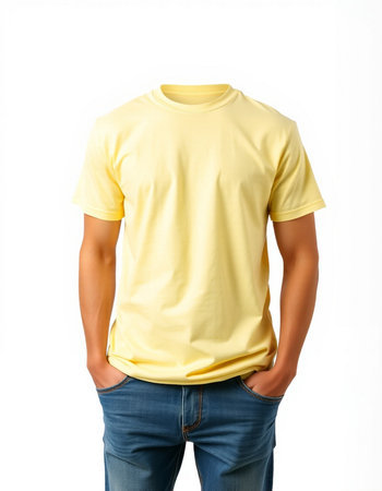 Men's blank yellow t-shirt on mannequin isolated on white backgroundの写真素材