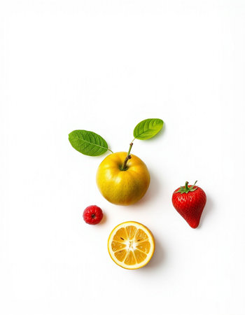 Fruit composition. Apple, lemon, strawberry, raspberry on white background. Flat lay, top viewの写真素材