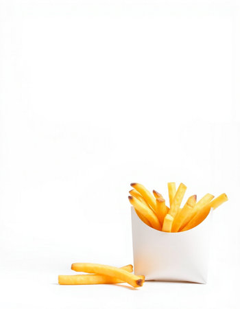 French fries in a white box on a white background. Isolatedの写真素材
