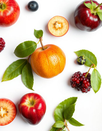 Fruits and berries on white background. Flat lay, top view