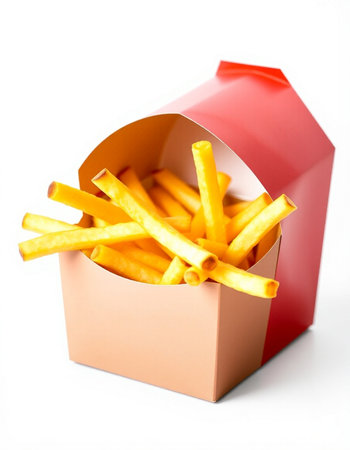 French fries in paper box isolated on white background, clipping path includedの写真素材