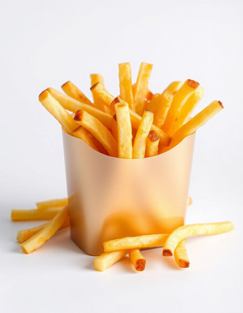 Golden French fries in paper box on white background. Fast food.の写真素材