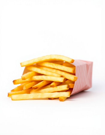 Golden French fries potatoes in a paper bag on a white background.の写真素材
