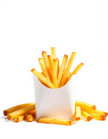 French fries in a white box on a white background. Isolated