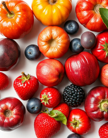 Autumn fruits and vegetables on a white background. Top view.の写真素材