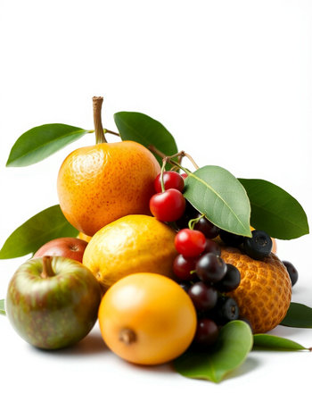 Fruits with leaves isolated on a white background. Healthy food.