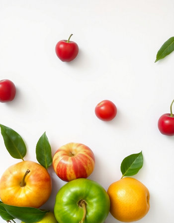 Variety of fruits and vegetables on white background. Top view.の写真素材