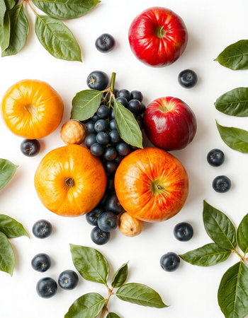 Autumn fruits and berries on white background. Flat lay, top viewの写真素材