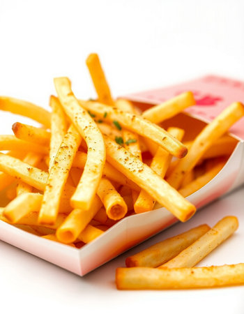 French fries in a box on a white background. Selective focus.