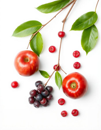 Fruits and berries on a white background. View from above.の写真素材