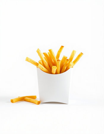 French fries in a white box on a white background. Isolated