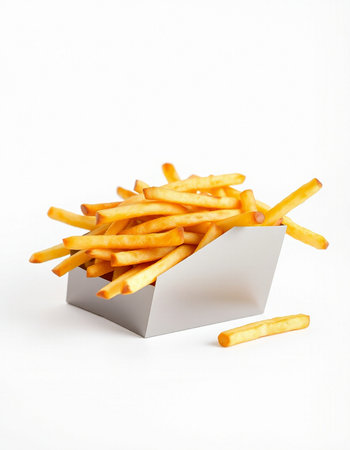 Golden French fries in a white box isolated on a white background.
