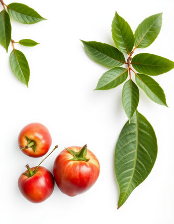 Ripe red apples with green leaves on white background, top viewの写真素材
