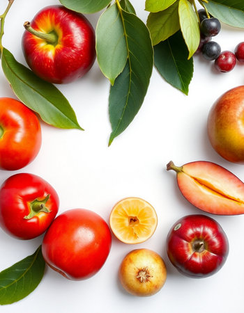Fresh fruits on a white background. Flat lay, top view.の写真素材