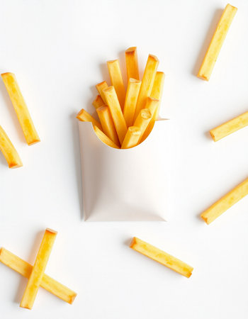 French fries in paper box on white background. Top view, flat layの写真素材