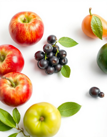 fruits and berries on a white background, top view, flat layの写真素材