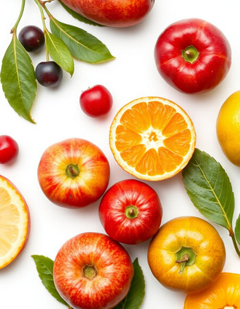 Fruits isolated on white background. Flat lay, top view.