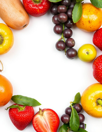 Fruits and berries isolated on white background with copy space for your textの写真素材
