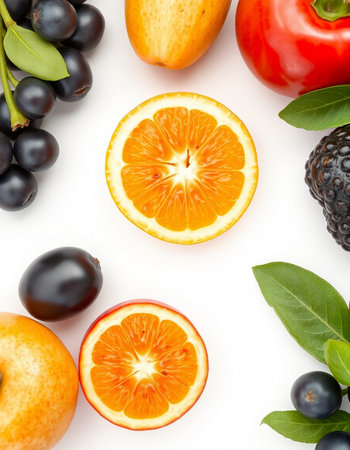 Fruits and berries isolated on white background. Top view. Flat lay patternの写真素材