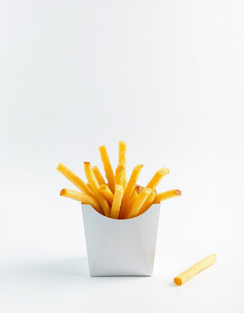 French fries in a paper box on a white background. Fast food.