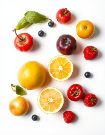 Fruits and berries on white background, top view. Flat lay