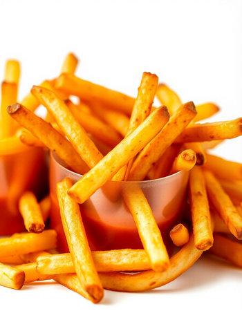 French fries with tomato sauce on a white background. Selective focus.