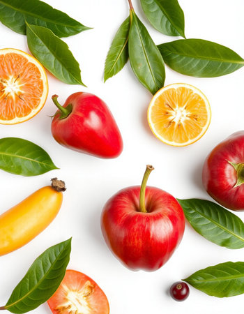 Fruits and vegetables on white background. Flat lay, top viewの写真素材