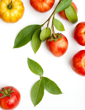 Red apples with green leaves isolated on white background. Top view.の写真素材