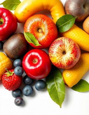 Fresh fruits and vegetables isolated on white background. Healthy food background.