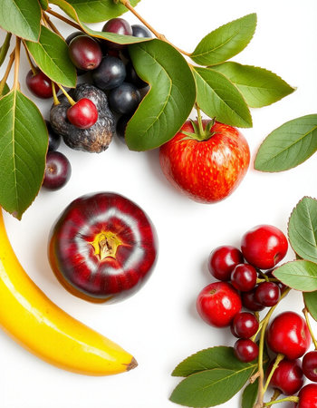 Fruits and berries on a white background. Healthy food. Flat layの写真素材