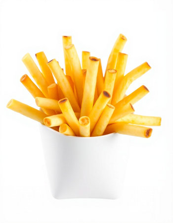 French fries in a white bowl on a white background. Isolated