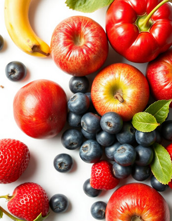 Fresh fruits and berries on white background, top view. Healthy foodの写真素材
