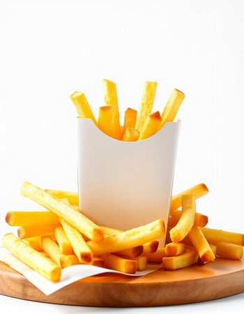 French fries in a paper box on a wooden board on a white background