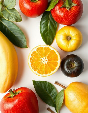 Fresh fruits and vegetables on white background, top view. Healthy foodの写真素材