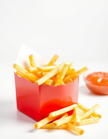 French fries in a red box with ketchup on a white background