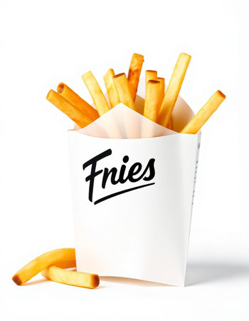 French fries in a white paper box on a white background with the inscription