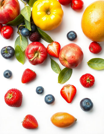 Fruits and berries on a white background. Flat lay, top viewの写真素材