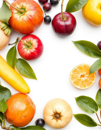 Fruits and vegetables isolated on white background. Flat lay, top view