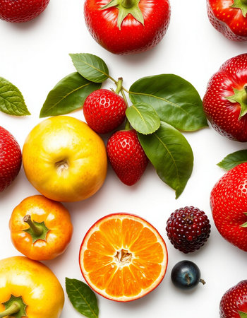 Fruit background with strawberries, raspberries, blackberries, apples and oranges