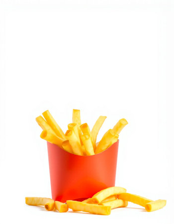 French fries in a red box on a white background. Isolated
